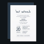 Modern   minimalistisch baat Mitzvah Kaart<br><div class="desc">Bestaat uit afspeelbaar script en serif typografie; Allemaal tegen een achtergrond van witte achtergrond. 

Dit wordt ontworpen door de Uitgezochte Leveringen van de Partij,  exclusief voor Zazzle.

Hier beschikbaar:
http://www.zazzle.com/selectpartysupplies</div>