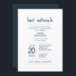 Modern   minimalistisch baat Mitzvah Kaart<br><div class="desc">Bestaat uit afspeelbaar script en serif typografie; Allemaal tegen een achtergrond van witte achtergrond. 

Dit wordt ontworpen door de Uitgezochte Leveringen van de Partij,  exclusief voor Zazzle.

Hier beschikbaar:
http://www.zazzle.com/selectpartysupplies</div>