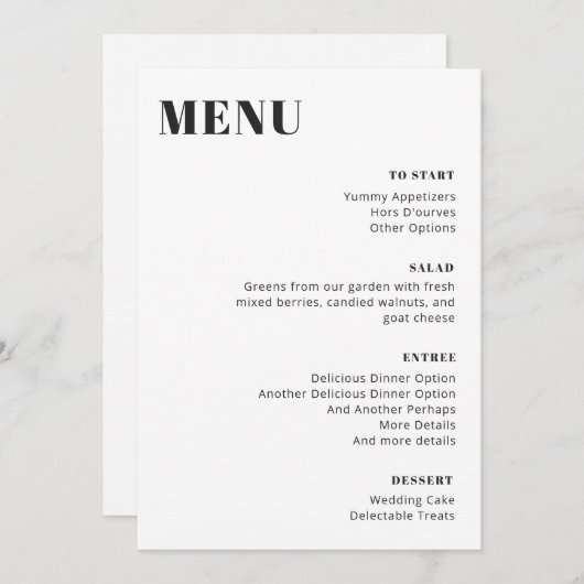 Modern minimalistisch bewerkbaar zwart-wit menu (Voorkant / Achterkant)