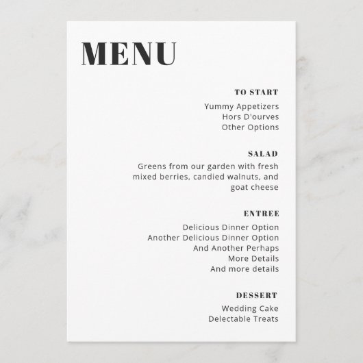 Modern minimalistisch bewerkbaar zwart-wit menu (Voorkant)