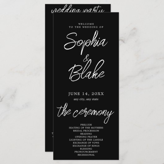 Modern minimalistisch Black Wedding-programma (Voorkant / Achterkant)