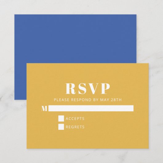 Modern minimalistisch blauw en geel eenvoudig RSVP kaartje (Voorkant / Achterkant)