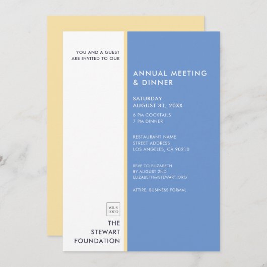 Modern minimalistisch blauw en gouddiner kaart (Voorkant / Achterkant)