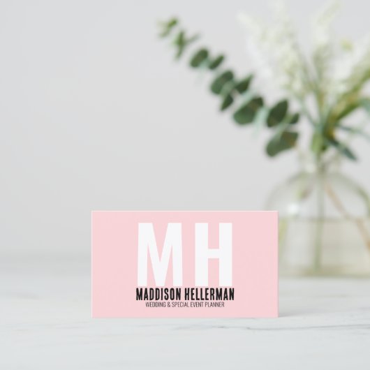 Modern minimalistisch blauw roze monogram visitekaartje (Staand voorkant)