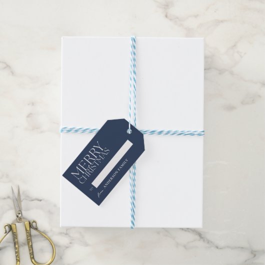 Modern minimalistisch blauw vrolijk kerstfeest cadeaulabel (Met Touw)