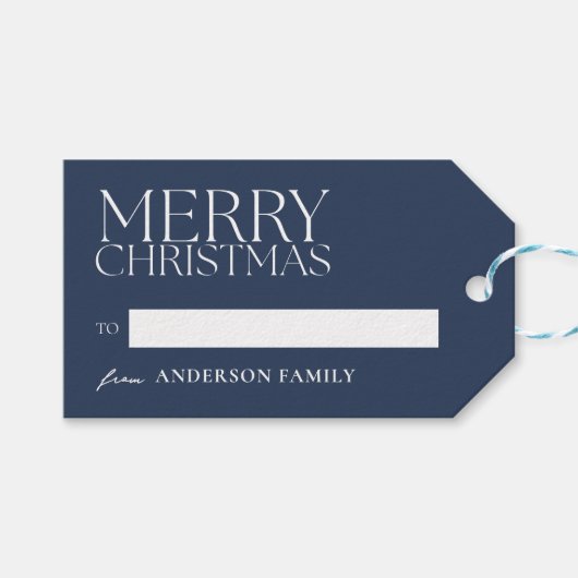 Modern minimalistisch blauw vrolijk kerstfeest cadeaulabel (Voorkant (Horizontaal))