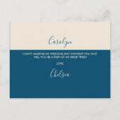 Modern minimalistisch Blauwgroen Cream Bridesmaid- Uitnodiging Briefkaart (Achterkant)