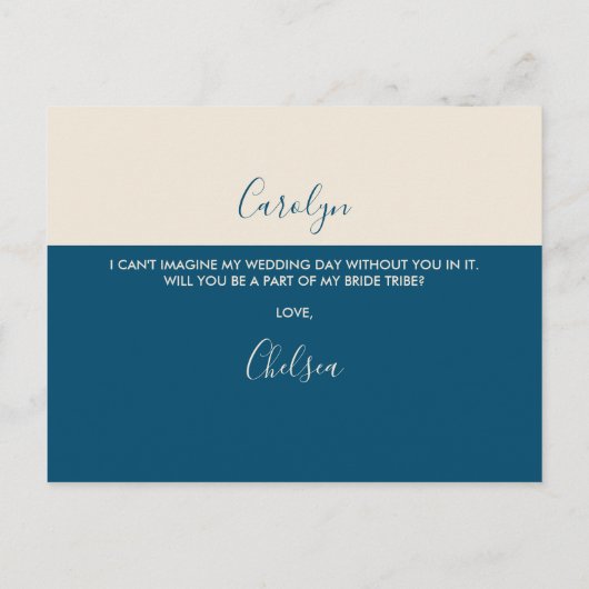 Modern minimalistisch Blauwgroen Cream Bridesmaid- Uitnodiging Briefkaart (Achterkant)