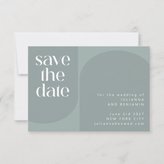 Modern minimalistisch Blauwgroen huwelijk met een Save The Date (Voorkant)