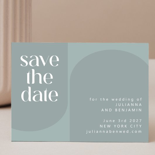 Modern minimalistisch Blauwgroen huwelijk met een Save The Date