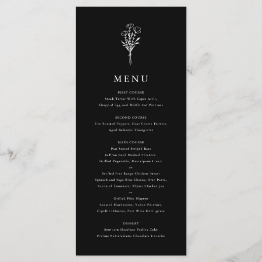 Modern minimalistisch bloemboeket zwart bruiloft menu (Voorkant)
