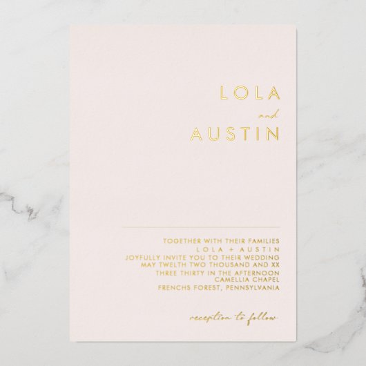 Modern minimalistisch | Blush and Gold Wedding Rea Folie Uitnodiging (Voorkant)