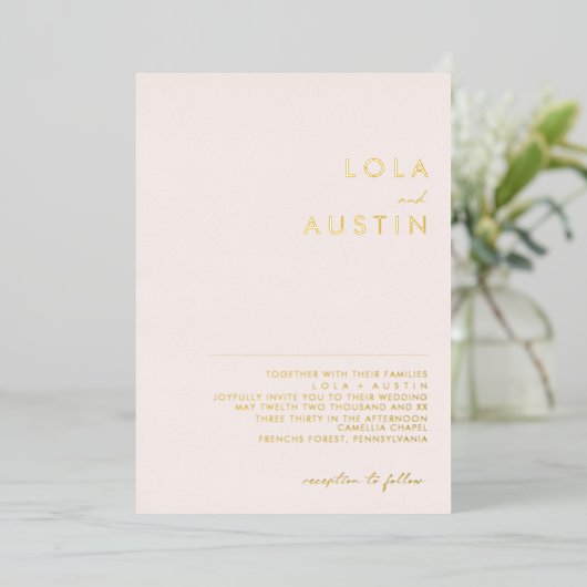 Modern minimalistisch | Blush and Gold Wedding Rea Folie Uitnodiging (Staand Voorkant)