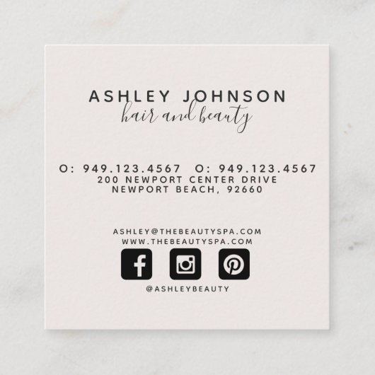 Modern minimalistisch Blush en Black Vierkante Visitekaartje (Achterkant)