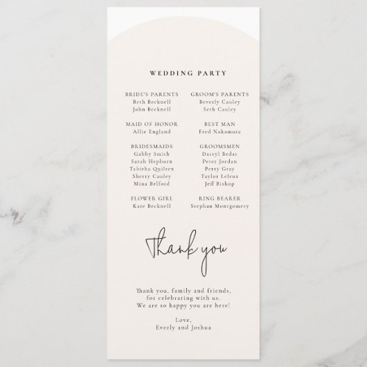 Modern minimalistisch boog bruiloft programma programmakaart (Achterkant)