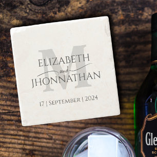 Modern Minimalistisch Bruiloft Grijs Monogram Scri Stenen Onderzetter