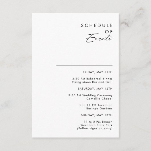 Modern Minimalistisch Bruiloft Schema van Evenemen Informatiekaartje (Voorkant)