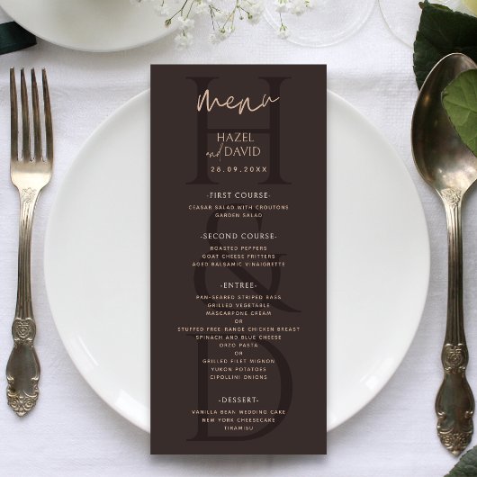 Modern Minimalistisch Bruin Monogram Trouwen Menu