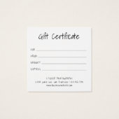 Modern minimalistisch cadeaucertificaat voor fotog vierkante visitekaartjes (Achterkant)
