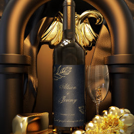 Modern minimalistisch diepblauw en gouden botanisc wijn etiket