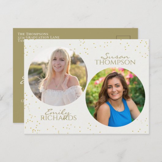 Modern minimalistisch Double Graduation Party Gold Briefkaart (Voorkant / Achterkant)