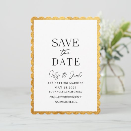 Modern minimalistisch, dun gouden border Lijst Save The Date (Staand voorkant)