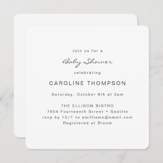 Modern minimalistisch, eenvoudig Baby shower, wit Kaart (Voorkant / Achterkant)