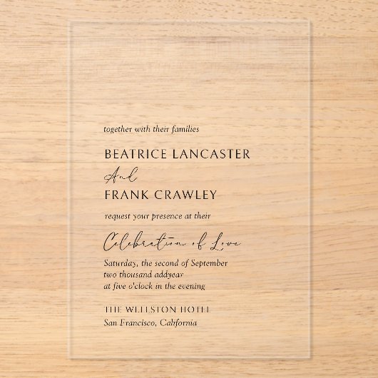 Modern minimalistisch eenvoudig formeel elegant hu acryl uitnodigingen (Voorkant)