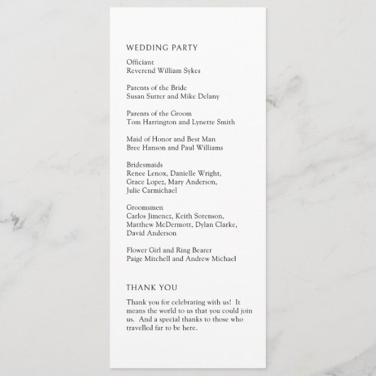 Modern minimalistisch eenvoudig formeel elegant hu programmakaart (Achterkant)