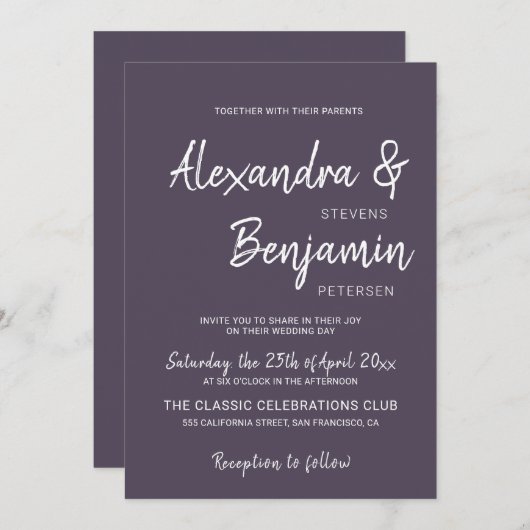 Modern minimalistisch eenvoudig script paarse brui kaart (Voorkant / Achterkant)