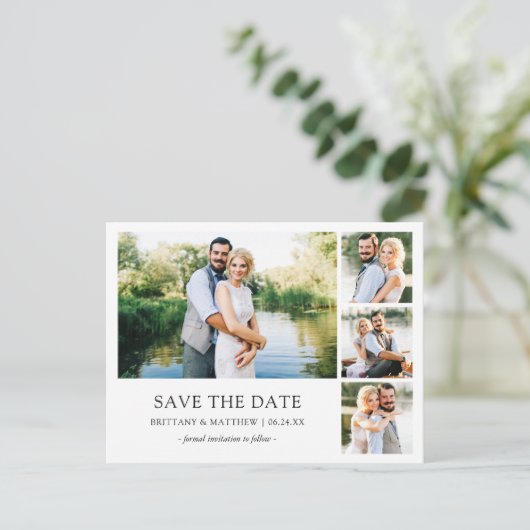 Modern minimalistisch Eenvoudig sparen Datum 4 Fot Briefkaart (Staand voorkant)