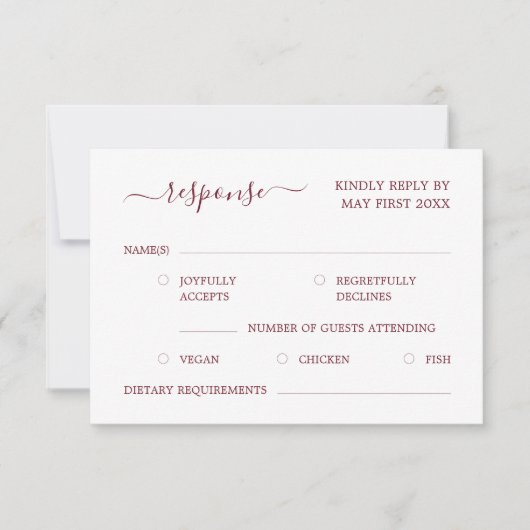 Modern minimalistisch elegant script Bourgogne roo RSVP Kaartje (Voorkant)
