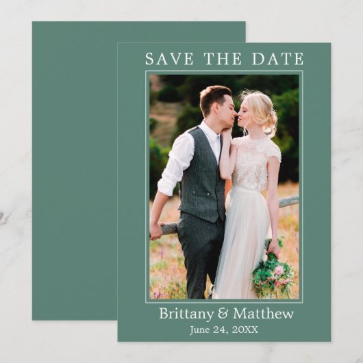 Modern minimalistisch Eucalyptus Green Save The Date (Voorkant / Achterkant)