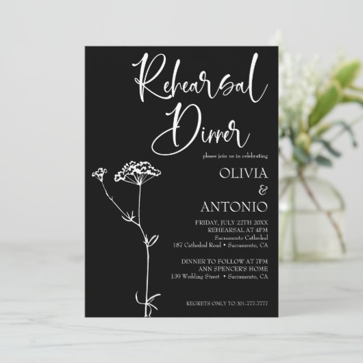 Modern minimalistisch floraal zwart repetitie dine kaart (Staand voorkant)