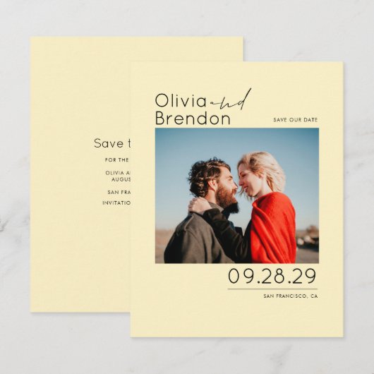 Modern minimalistisch geel Bewaar de datumfoto Save The Date (Voorkant / Achterkant)
