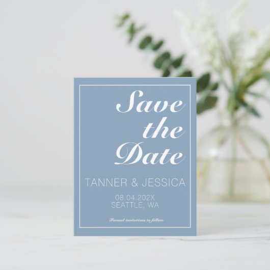 Modern minimalistisch gletsjer blauw en wit save the date (Staand voorkant)