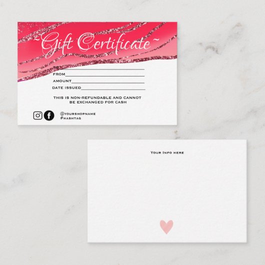Modern minimalistisch glitter Gift certificate Visitekaartje (Voorkant / Achterkant)