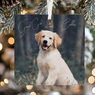 Modern Minimalistisch Goed Meisje Hond Foto Kerstm Metalen Ornament