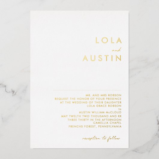 Modern minimalistisch | Gold Traditional Wedding R Folie Uitnodiging (Voorkant)