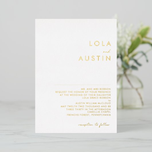 Modern minimalistisch | Gold Traditional Wedding R Folie Uitnodiging (Staand Voorkant)