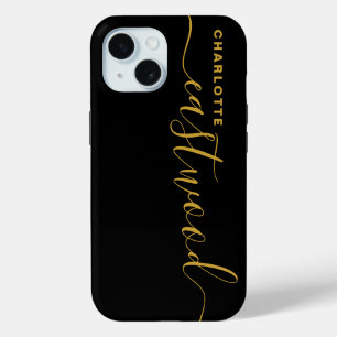 Modern Minimalistisch Goud Monogram Zwart iPhone 15 Case