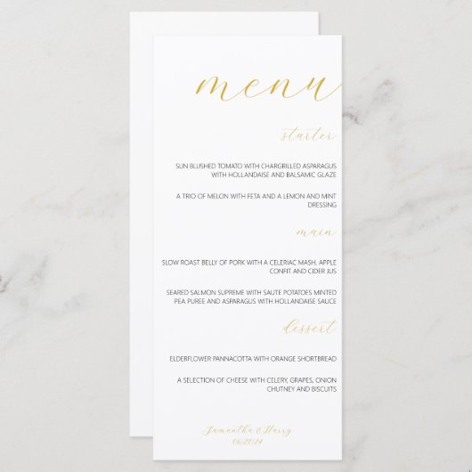 Modern & Minimalistisch Goud Script Bruiloft Flat  Menu (Voorkant / Achterkant)