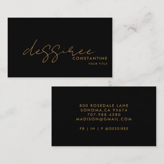 Modern minimalistisch gouden script zwart visitekaartje (Voorkant / Achterkant)