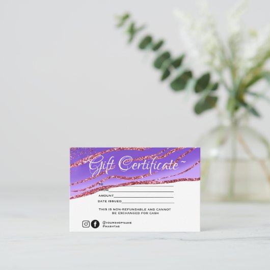 Modern minimalistisch goudglitter Gift-certificaat Visitekaartje (Staand voorkant)