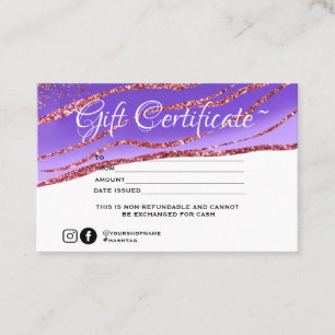Modern minimalistisch goudglitter Gift-certificaat Visitekaartje