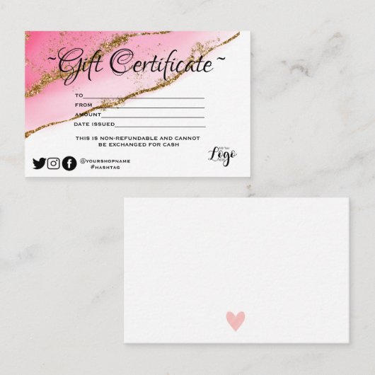 Modern minimalistisch goudglitter Gift-certificaat Visitekaartje (Voorkant / Achterkant)