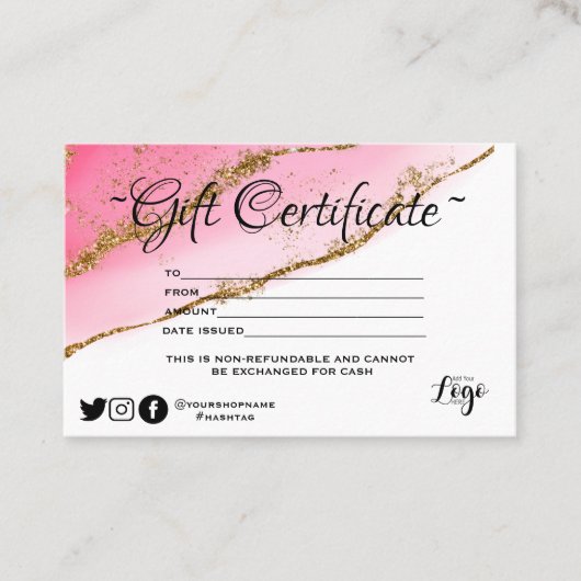 Modern minimalistisch goudglitter Gift-certificaat Visitekaartje (Voorkant)