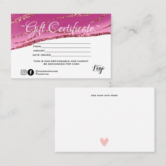 Modern minimalistisch goudglitter Gift-certificaat Visitekaartje (Voorkant / Achterkant)