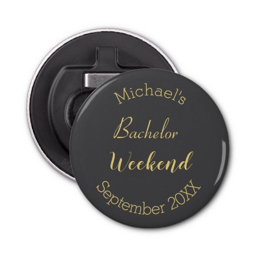 Modern minimalistisch grijs en goud vrijgezellenfe button flesopener (Voorkant)