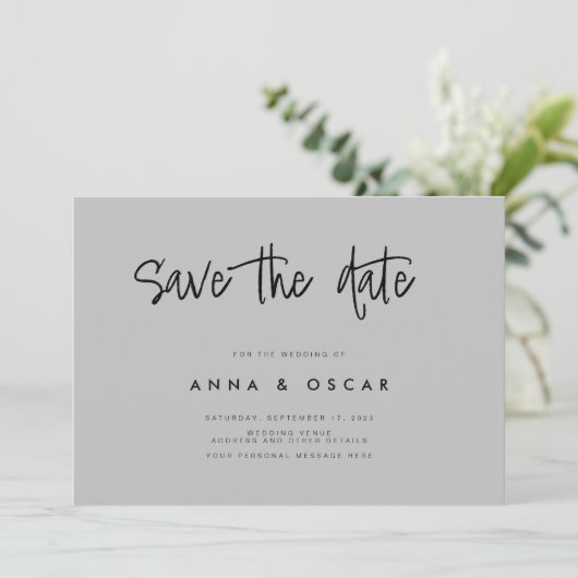 Modern minimalistisch grijs huwelijk sparen de dat save the date (Staand voorkant)